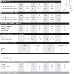 Ping Men’s SensorDry Waterproof Suit -Golf Clubs Shop Ping Size Guide